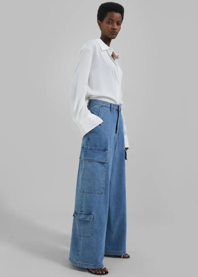 Women The Frankie Shop Bottoms Dylan Denim Cargo Pants Blue
