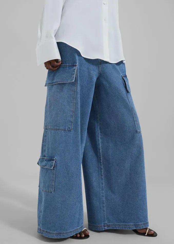 Women The Frankie Shop Bottoms Dylan Denim Cargo Pants Blue