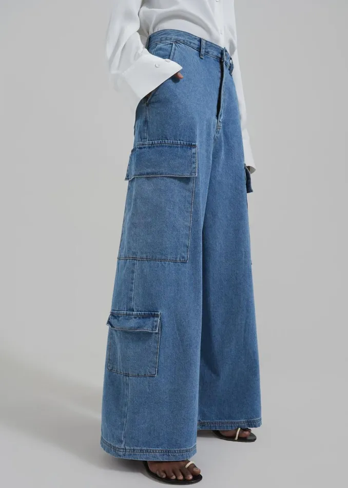 Women The Frankie Shop Bottoms Dylan Denim Cargo Pants Blue