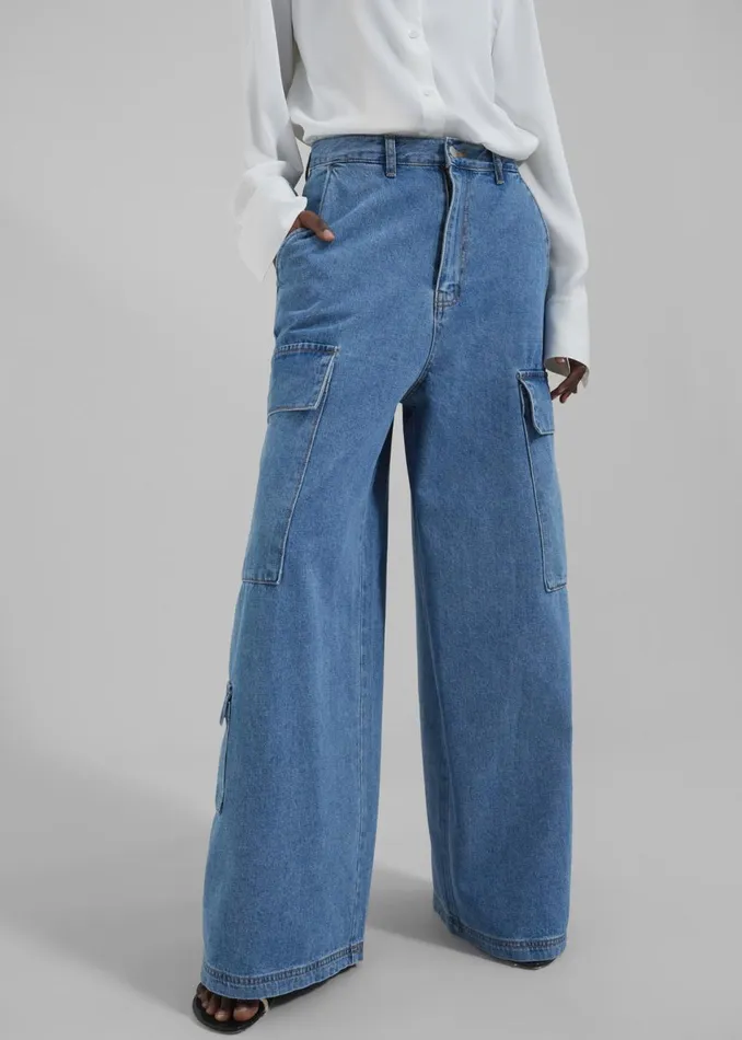 Women The Frankie Shop Bottoms Dylan Denim Cargo Pants Blue