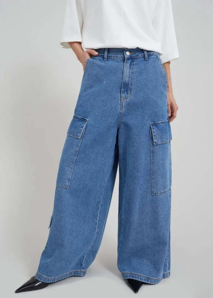 Women The Frankie Shop Bottoms Dylan Denim Cargo Pants Blue