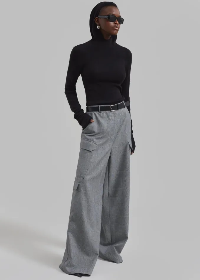 Women The Frankie Shop Bottoms Essie Wool Cargo Pants Light Grey Plaid