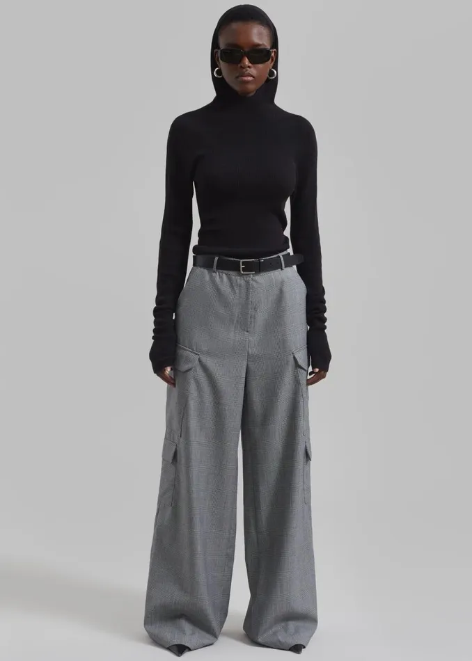 Women The Frankie Shop Bottoms Essie Wool Cargo Pants Light Grey Plaid