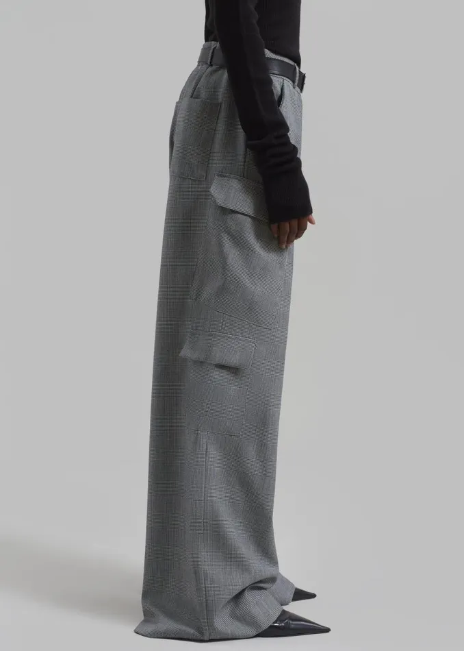 Women The Frankie Shop Bottoms Essie Wool Cargo Pants Light Grey Plaid