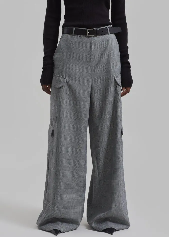 Women The Frankie Shop Bottoms Essie Wool Cargo Pants Light Grey Plaid