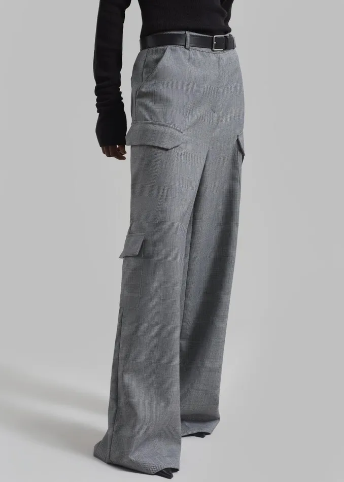 Women The Frankie Shop Bottoms Essie Wool Cargo Pants Light Grey Plaid