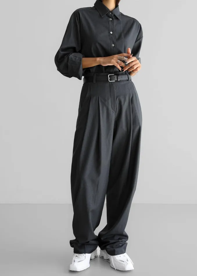 Women The Frankie Shop Bottoms Gelso Pleated Trousers Dark Grey Melange