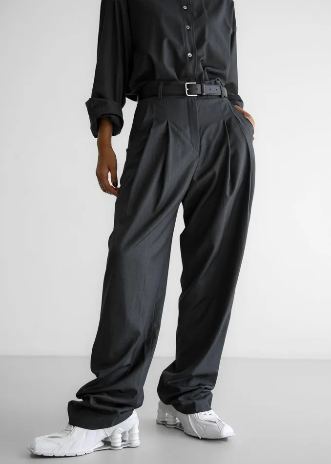 Women The Frankie Shop Bottoms Gelso Pleated Trousers Dark Grey Melange