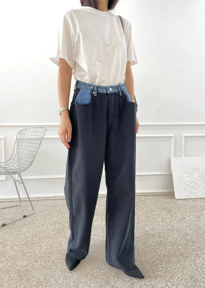 Women The Frankie Shop Bottoms Hayla Contrast Denim Pants Blackblue