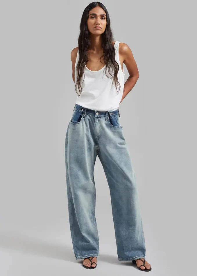 Women The Frankie Shop Bottoms Hayla Contrast Denim Pants Light Washblue