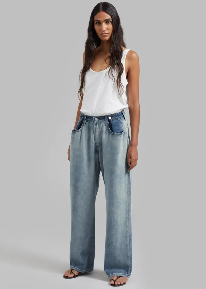 Women The Frankie Shop Bottoms Hayla Contrast Denim Pants Light Washblue