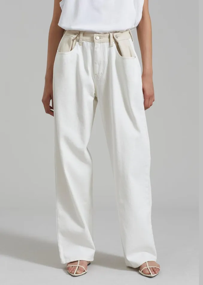 Women The Frankie Shop Bottoms Hayla Contrast Denim Pants Off Whitebeige