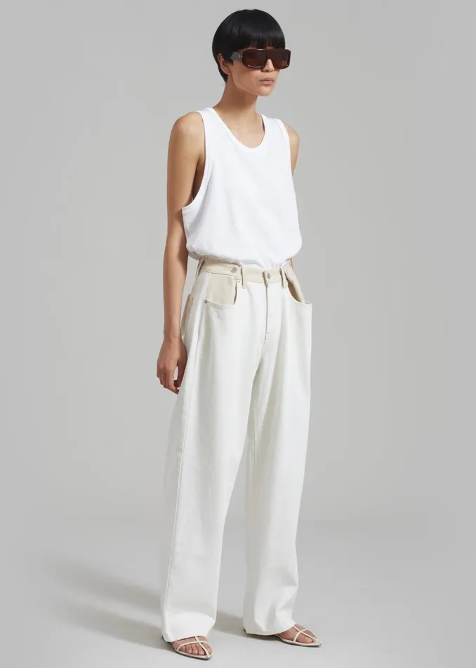 Women The Frankie Shop Bottoms Hayla Contrast Denim Pants Off Whitebeige