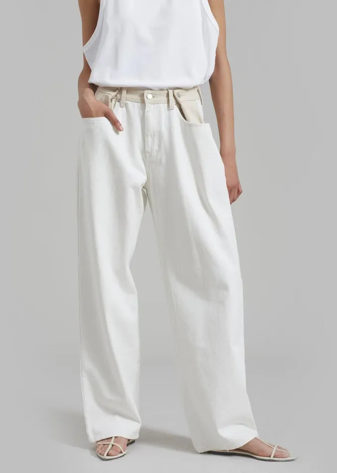 Women The Frankie Shop Bottoms Hayla Contrast Denim Pants Off Whitebeige