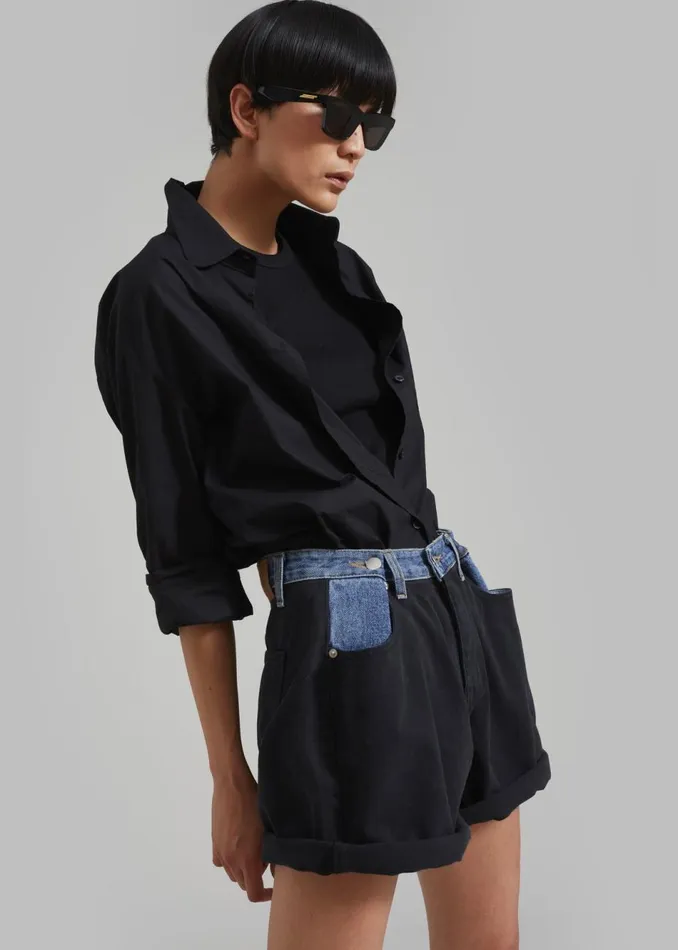 Women The Frankie Shop Bottoms Hayla Contrast Denim Shorts Blackblue