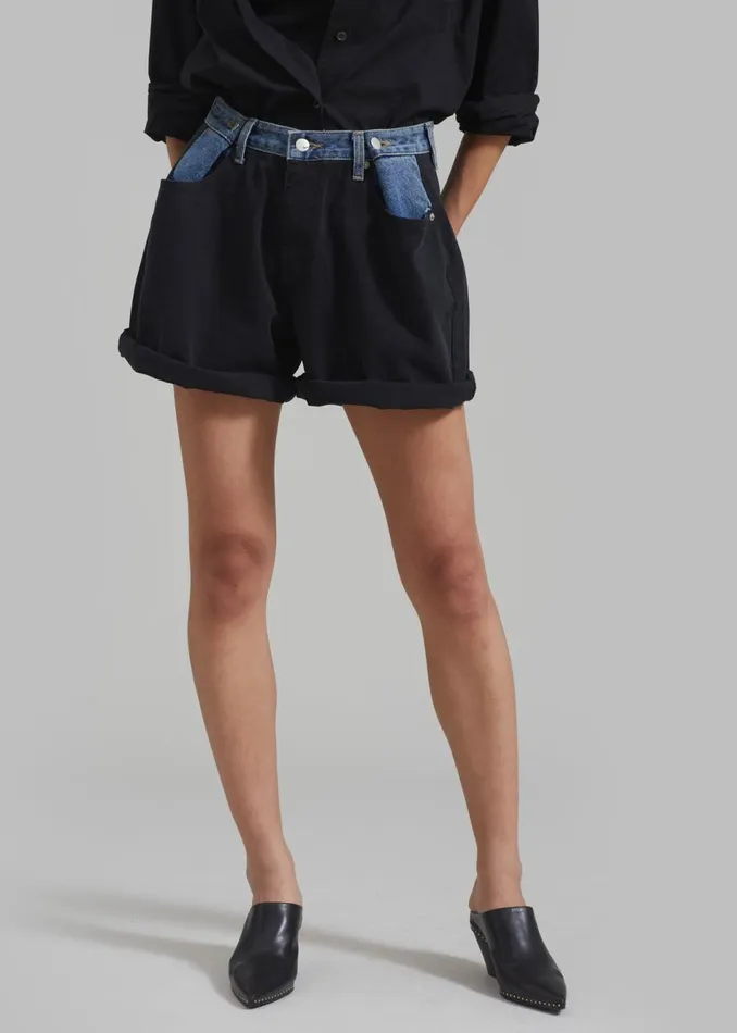 Women The Frankie Shop Bottoms Hayla Contrast Denim Shorts Blackblue