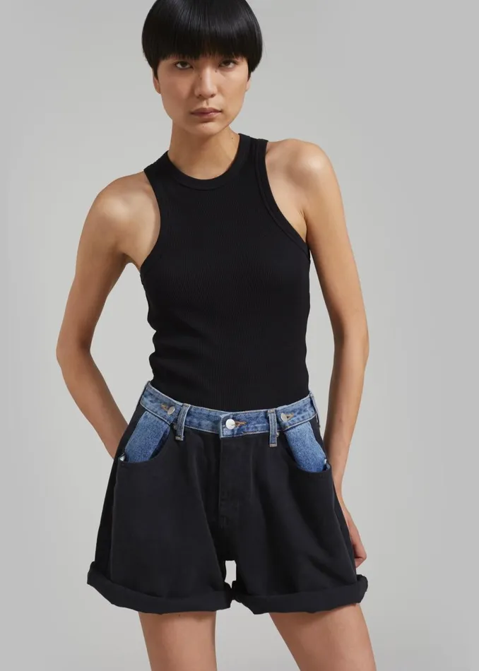 Women The Frankie Shop Bottoms Hayla Contrast Denim Shorts Blackblue