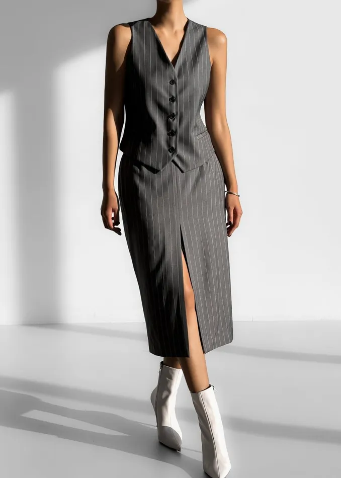 Women The Frankie Shop Bottoms Holland Midi Slit Skirt Charcoalwhite Pinstripe