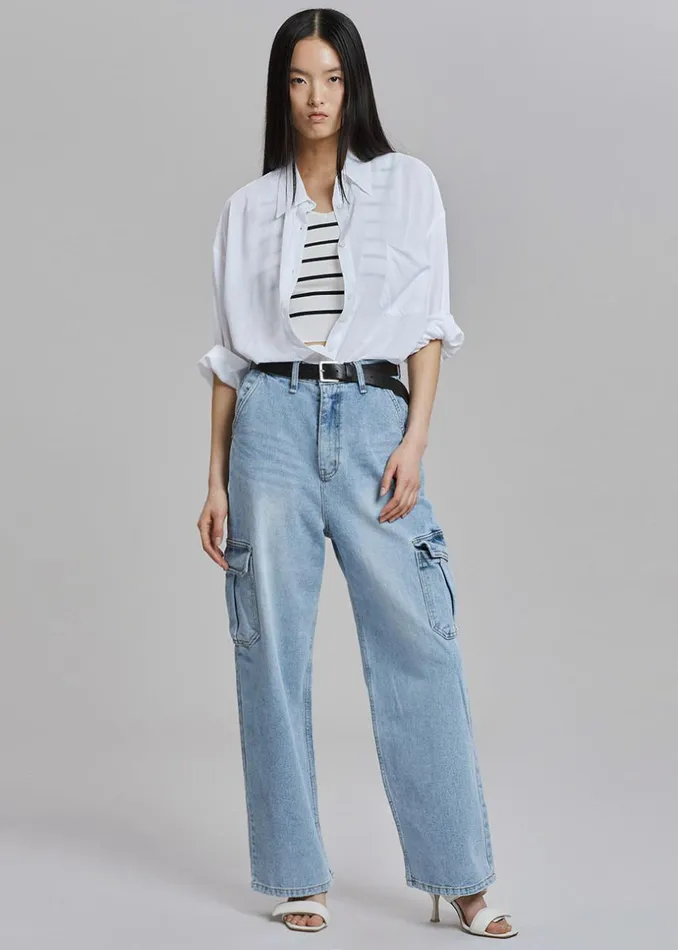 Women The Frankie Shop Bottoms Kai Cargo Denim Pants Worn Wash