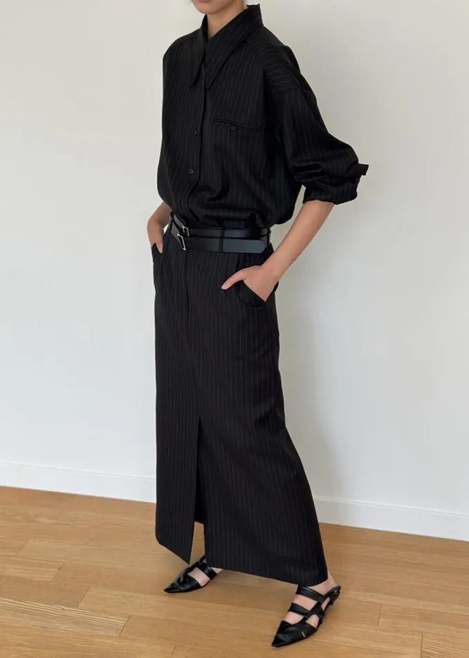 Women The Frankie Shop Bottoms Kerry Maxi Skirt Black Pinstripe