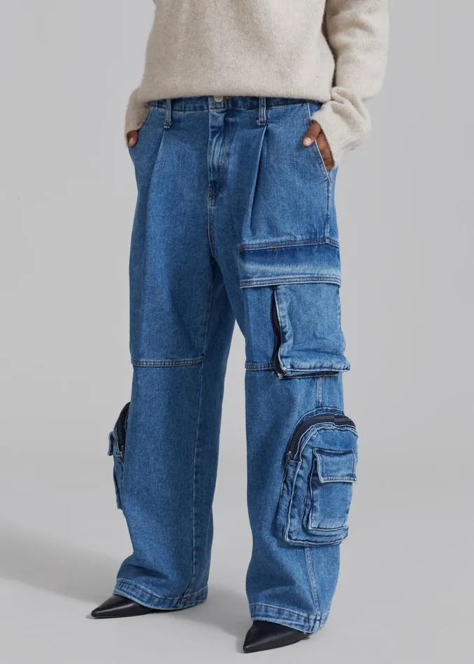 Women The Frankie Shop Bottoms Lenny Cargo Jeans Blue Denim