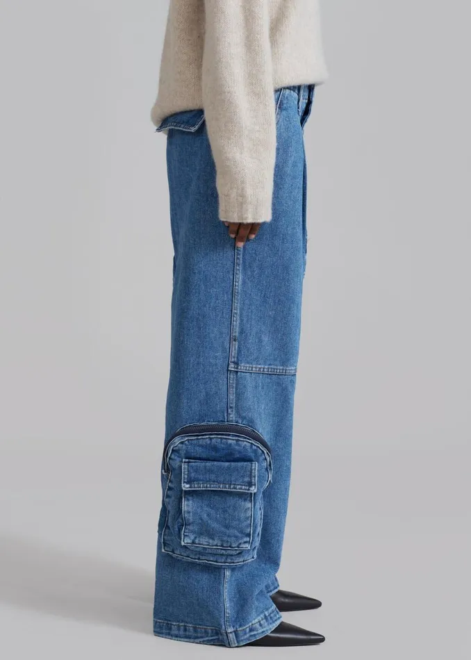 Women The Frankie Shop Bottoms Lenny Cargo Jeans Blue Denim