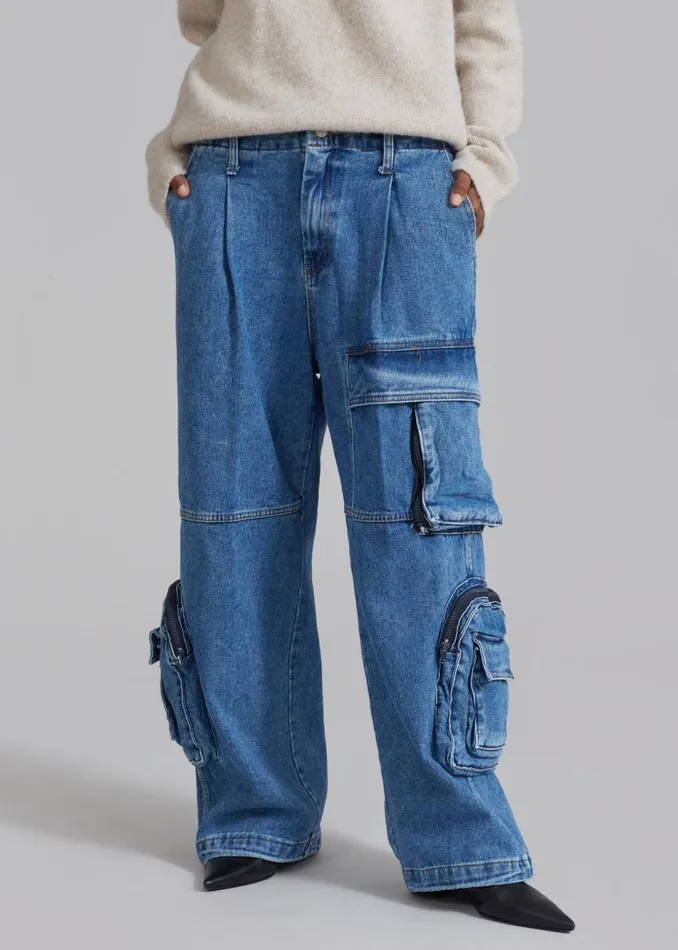 Women The Frankie Shop Bottoms Lenny Cargo Jeans Blue Denim