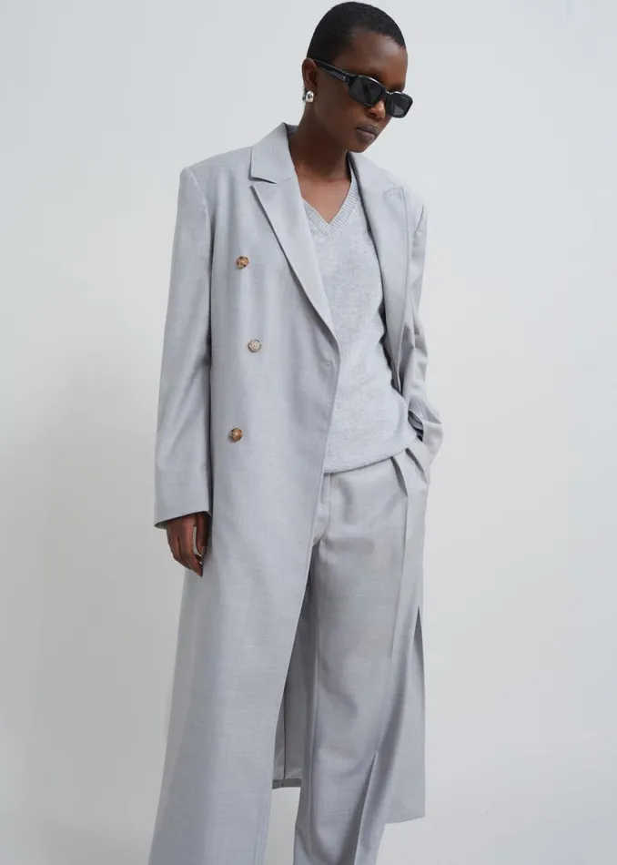 Women The Frankie Shop Bottoms Loulou Studio Sbiru Wide Leg Wool Trousers Feather Grey Melange
