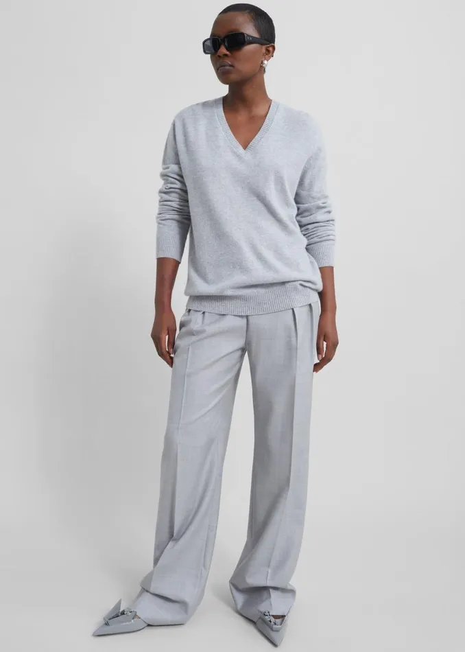 Women The Frankie Shop Bottoms Loulou Studio Sbiru Wide Leg Wool Trousers Feather Grey Melange