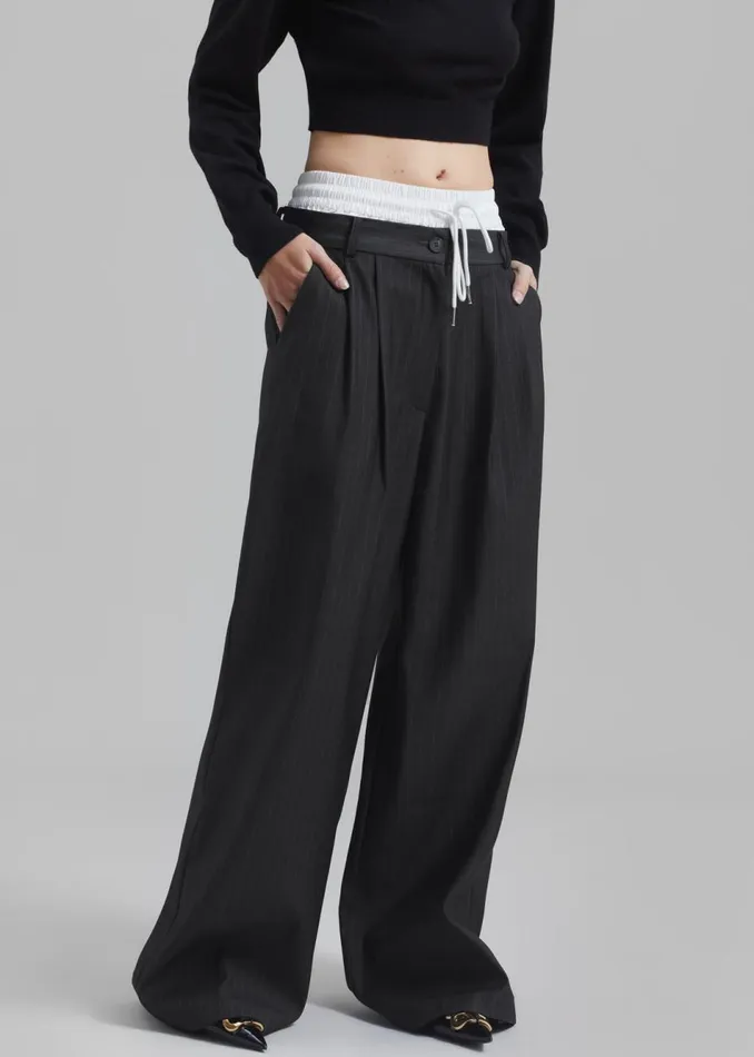 Women The Frankie Shop Bottoms Maroney Pleated Boxer Trousers Grey Pinstripe