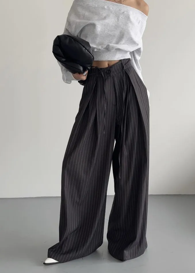 Women The Frankie Shop Bottoms Noor Wide Pants Grey Pinstripe