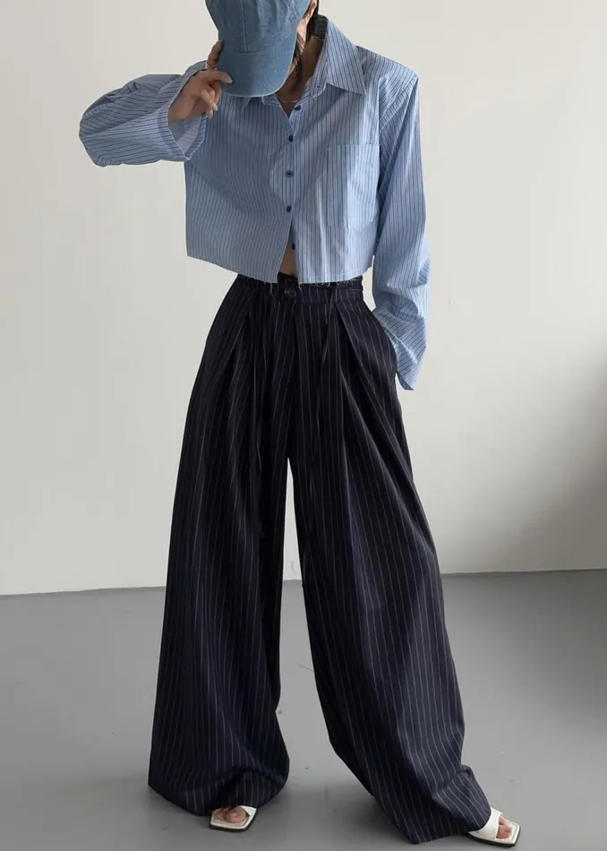 Women The Frankie Shop Bottoms Noor Wide Pants Navy Pinstripe