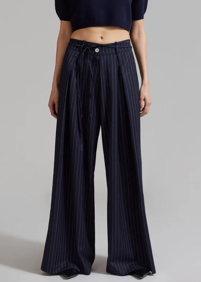 Women The Frankie Shop Bottoms Noor Wide Pants Navy Pinstripe