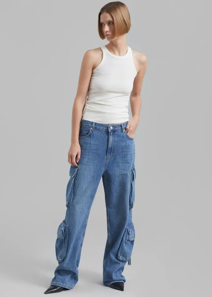 Women The Frankie Shop Bottoms Parker Denim Cargo Pants Medium Wash