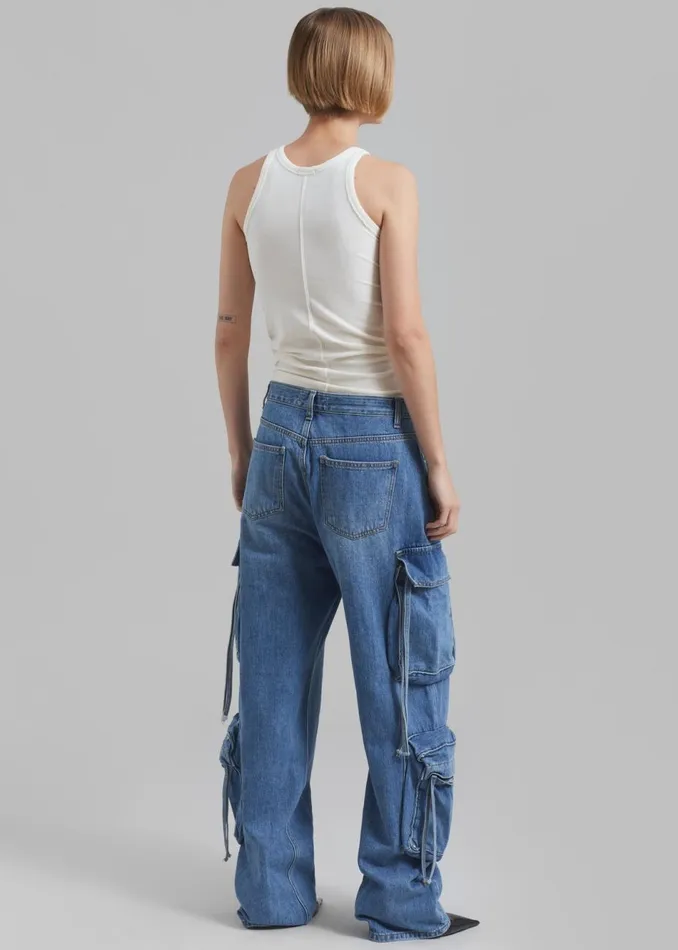 Women The Frankie Shop Bottoms Parker Denim Cargo Pants Medium Wash