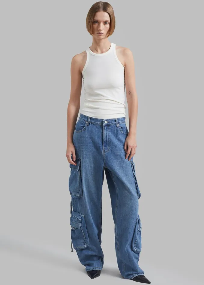 Women The Frankie Shop Bottoms Parker Denim Cargo Pants Medium Wash