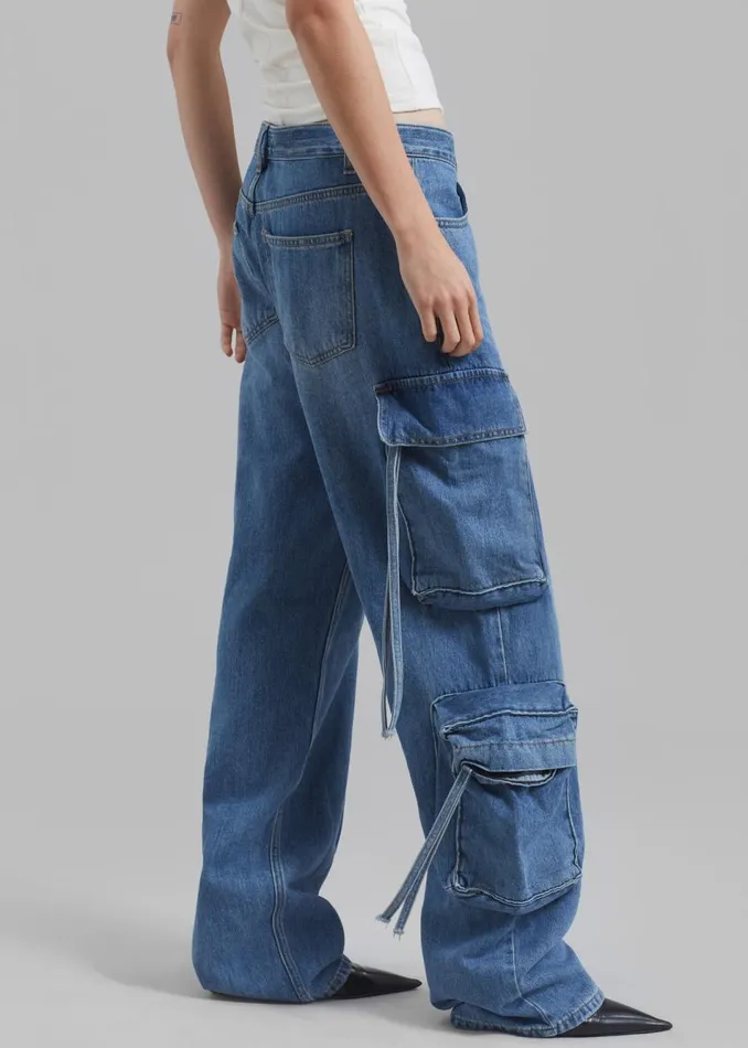 Women The Frankie Shop Bottoms Parker Denim Cargo Pants Medium Wash