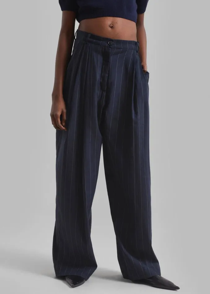 Women The Frankie Shop Bottoms Piper Pleated Trousers Navybeige Pinstripe
