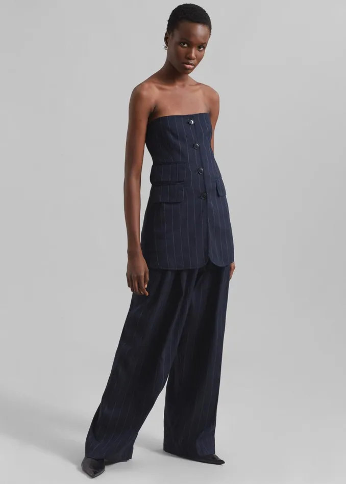 Women The Frankie Shop Bottoms Piper Pleated Trousers Navybeige Pinstripe