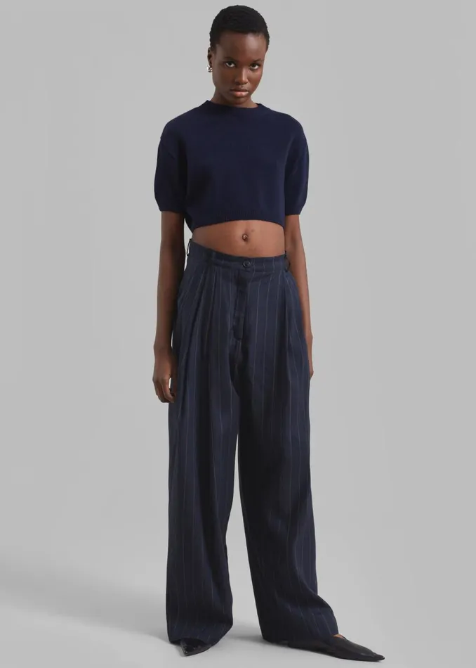 Women The Frankie Shop Bottoms Piper Pleated Trousers Navybeige Pinstripe