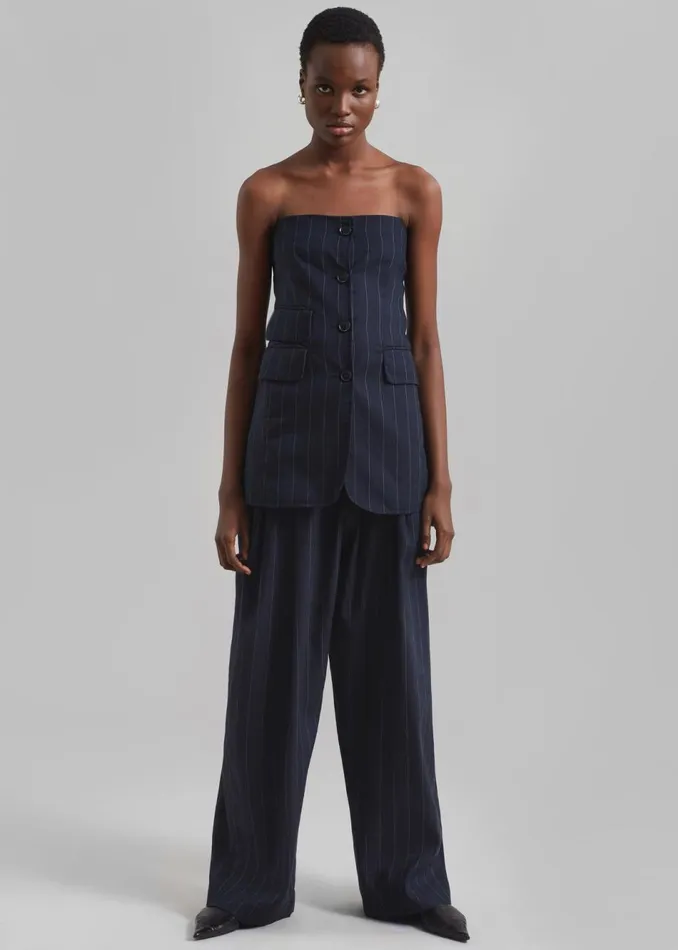Women The Frankie Shop Bottoms Piper Pleated Trousers Navybeige Pinstripe