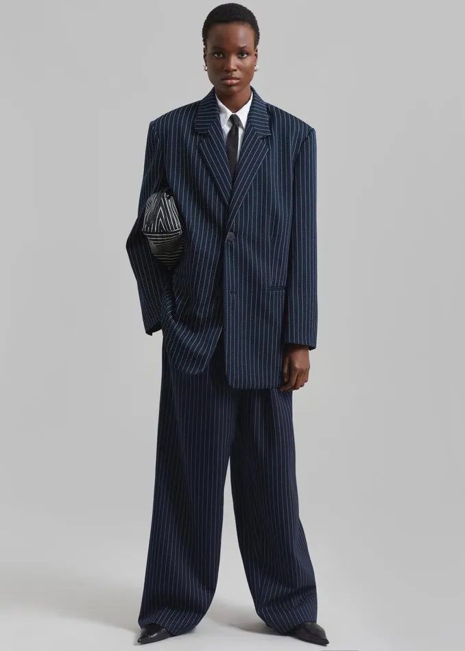 Women The Frankie Shop Bottoms Ripley Pleated Twill Trousers Navywhite Pinstripe