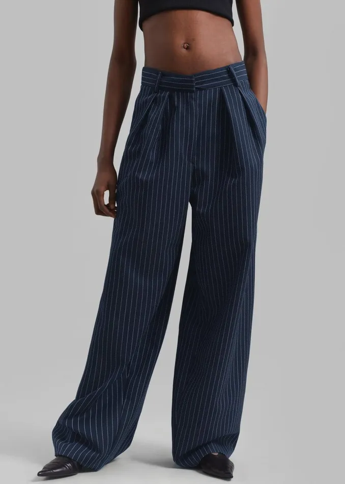 Women The Frankie Shop Bottoms Ripley Pleated Twill Trousers Navywhite Pinstripe