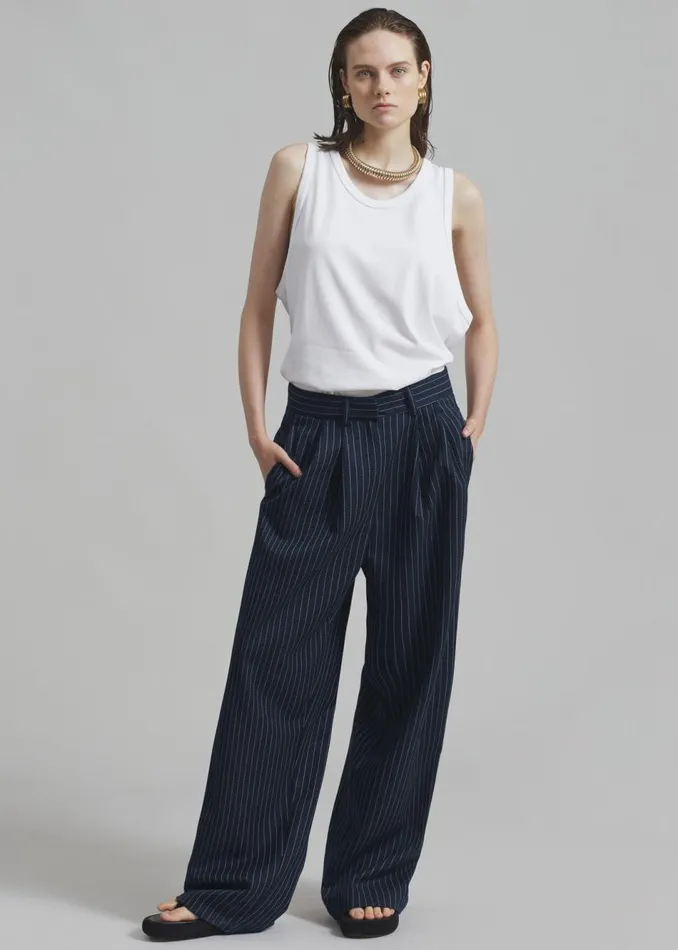 Women The Frankie Shop Bottoms Ripley Pleated Twill Trousers Navywhite Pinstripe