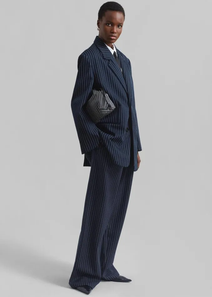Women The Frankie Shop Bottoms Ripley Pleated Twill Trousers Navywhite Pinstripe
