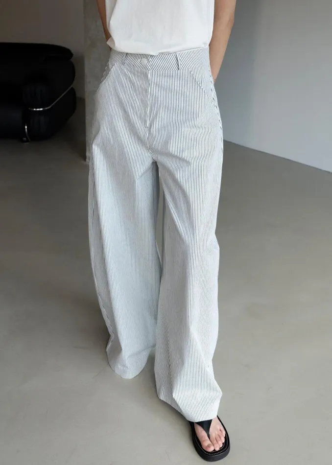 Women The Frankie Shop Bottoms Rosalind Wide Leg Trousers Blue Stripe