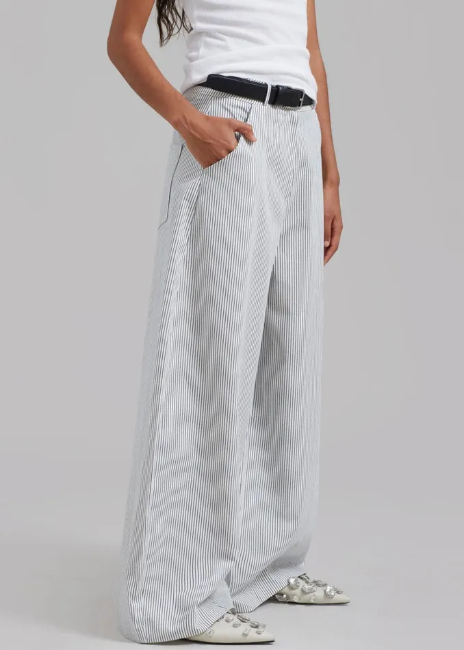 Women The Frankie Shop Bottoms Rosalind Wide Leg Trousers Blue Stripe