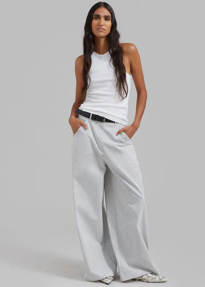 Women The Frankie Shop Bottoms Rosalind Wide Leg Trousers Blue Stripe