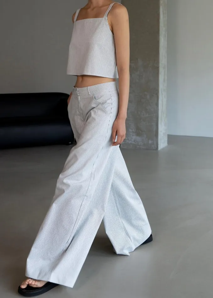 Women The Frankie Shop Bottoms Rosalind Wide Leg Trousers Blue Stripe