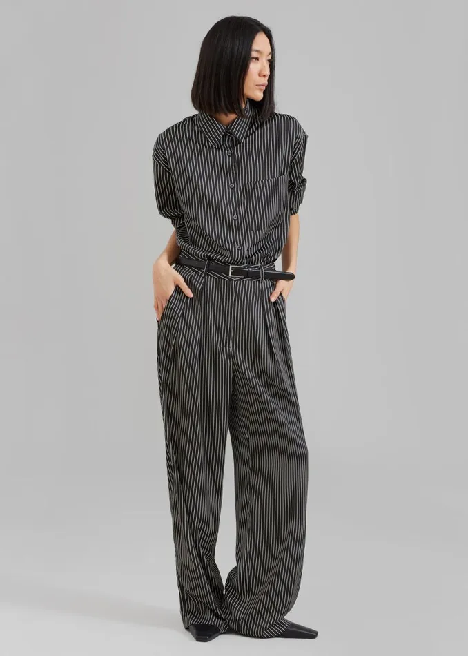 Women The Frankie Shop Bottoms Tansy Satin Pants Black Pinstripe